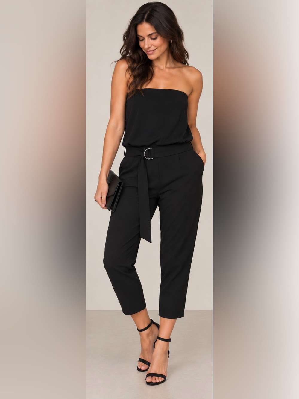 Armani Exchange Black Strapless Belted Cropped Jumpsuit